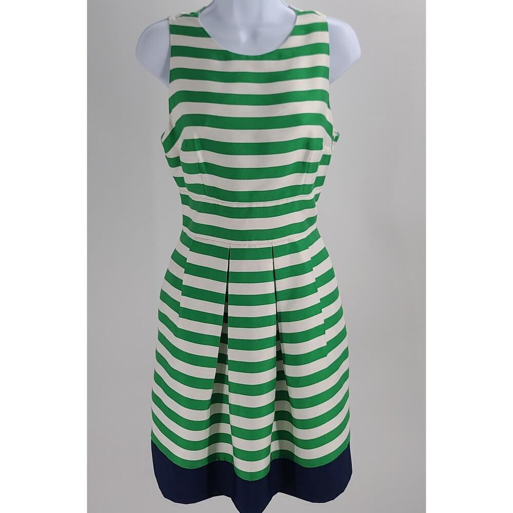 Eliza J women's A Line striped dress green white Size 8P Retro jackie O vibes